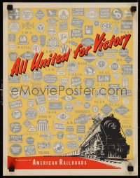 9z0231 ALL UNITED FOR VICTORY 14x18 WWII war poster 1940s logos/names of railroad travel companies!