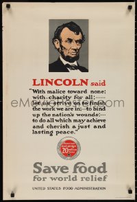 9z0236 SAVE FOOD FOR WORLD RELIEF 20x30 WWI war poster 1910s President Abraham Lincoln quote!