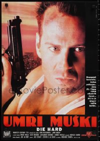 9z0470 DIE HARD Yugoslavian 19x27 1988 best close up of Bruce Willis as John McClane holding gun!