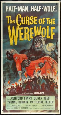 1a1696 CURSE OF THE WEREWOLF 3sh 1961 Smith art of Oliver Reed holding girl surrounded by mob, rare!