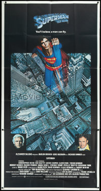 1a1705 SUPERMAN 3sh 1978 photographic image of Christopher Reeve flying over city, Hackman, Brando!