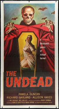 1a0019 UNDEAD linen 3sh 1957 Roger Corman, Kallis art of skeleton reaching for sexy Allison Hayes!