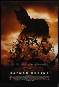 1a2433 BATMAN BEGINS advance DS 1sh 2005 June 17, image of Christian Bale's head surrounded by bats!