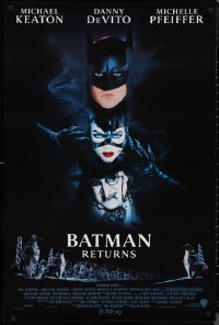 1a2435 BATMAN RETURNS int'l advance DS 1sh 1992 Burton, Keaton, DeVito, Pfeiffer, cool white date design!