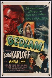1a0093 BEDLAM linen 1sh 1946 art of madman Boris Karloff, secrets of an infamous madhouse, Val Lewton