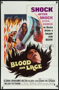 1a1080 BLOOD & LACE 1sh 1971 AIP, gruesome horror image of wacky cultist w/bloody hammer!