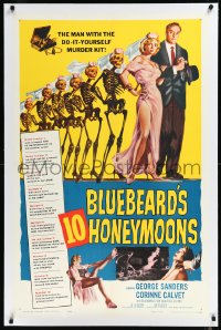 1a0096 BLUEBEARD'S 10 HONEYMOONS linen 1sh 1960 wild art of George Sanders with skeleton brides!