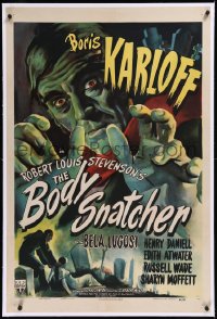 1a0097 BODY SNATCHER linen 1sh 1945 art of Boris Karloff close up & robbing body from graveyard!
