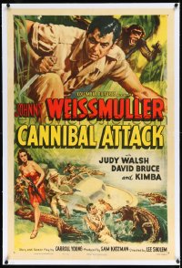 1a0099 CANNIBAL ATTACK linen 1sh 1954 Cravath art of Johnny Weissmuller w/knife, fighting crocodiles!