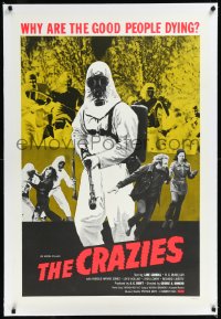 1a0102 CRAZIES linen 1sh 1973 George Romero, creepy hooded man in gas mask, why are good people dying?