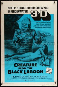 1a1119 CREATURE FROM THE BLACK LAGOON 1sh R1972 art of monster attacking sexy Julie Adams, 3-D!