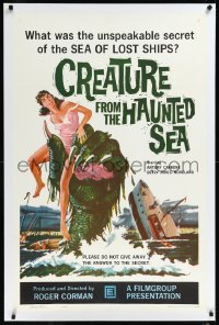 1a0103 CREATURE FROM THE HAUNTED SEA linen 1sh 1961 great art of monster's hand grabbing sexy girl!