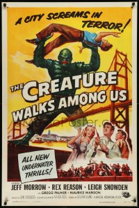 1a1120 CREATURE WALKS AMONG US 1sh 1956 Reynold Brown art of monster over Golden Gate Bridge!