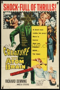 1a1121 CREATURE WITH THE ATOM BRAIN 1sh 1955 cool sci-fi art of dead man stalking his prey!