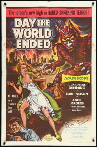 1a1140 DAY THE WORLD ENDED signed 1sh 1956 by BOTH Mike Connors AND Jonathan Haze, cool monster art!