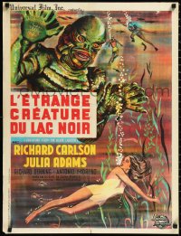 1a2405 CREATURE FROM THE BLACK LAGOON French 24x31 R1962 Belinsky art of monster looming over Adams!