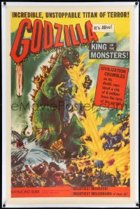 1a0120 GODZILLA linen 1sh 1956 Gojira, great art of the unstoppable titan of terror, classic sci-fi!