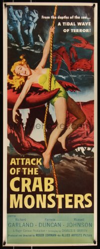 1a1739 ATTACK OF THE CRAB MONSTERS insert 1957 Roger Corman, best art of sexy girl grabbed by beast!