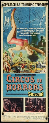 1a1752 CIRCUS OF HORRORS insert 1960 outrageous horror art of sexy trapeze girl hanging by neck!