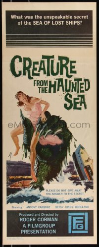 1a1755 CREATURE FROM THE HAUNTED SEA insert 1961 cool art of monster grabbing sexy girl, ultra rare!