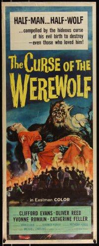 1a1757 CURSE OF THE WEREWOLF insert 1961 Hammer, art of Oliver Reed holding victim surrounded by mob