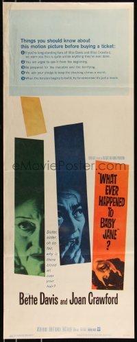 1a1814 WHAT EVER HAPPENED TO BABY JANE? insert 1962 Robert Aldrich, Bette Davis & Joan Crawford!