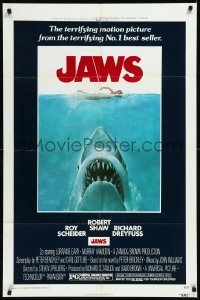 1a1260 JAWS 1sh 1975 Roger Kastel art of Spielberg's man-eating shark attacking sexy swimmer!