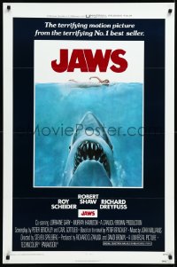 1a2542 JAWS int'l 1sh 1975 Kastel art of Spielberg's shark attacking sexy swimmer, tri-folded only!