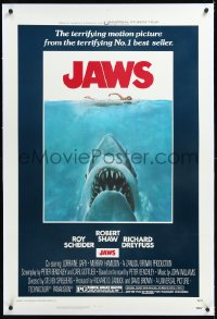 1a0136 JAWS linen 1sh 1975 Roger Kastel art of Spielberg's man-eating shark attacking sexy swimmer!