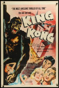 1a1264 KING KONG 1sh R1956 great full-color art of the giant ape carrying Fay Wray over city!