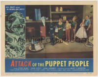 1a0753 ATTACK OF THE PUPPET PEOPLE LC #4 1958 great image of six tiny people by giant plate & tools!