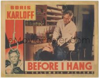 1a0756 BEFORE I HANG LC 1940 close up of scientist Boris Karloff strangling man in his laboratory!