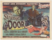 1a0738 STRANGE DOOR TC 1951 art of chained Boris Karloff, Charles Laughton & sexy Sally Forrest!