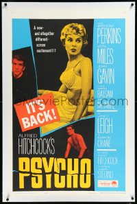 1a0153 PSYCHO linen 1sh R1965 half-dressed Janet Leigh, Anthony Perkins, Alfred Hitchcock classic!