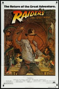 1a1329 RAIDERS OF THE LOST ARK 1sh R1982 great Richard Amsel art of adventurer Harrison Ford!