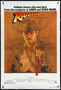 1a0154 RAIDERS OF THE LOST ARK linen 1sh 1981 great art of adventurer Harrison Ford by Richard Amsel