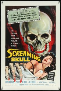 1a0158 SCREAMING SKULL linen 1sh 1958 great art of huge skull & sexy girl grabbed by skeleton hand!