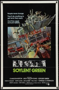 1a1354 SOYLENT GREEN int'l 1sh 1973 art of Charlton Heston trying to escape riot control by John Solie!