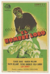1a1409 WOLF MAN Spanish herald R1950s art of werewolf Lon Chaney Jr. over female victim, very rare!