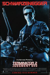 1a2672 TERMINATOR 2 advance DS 1sh 1991 Arnold Schwarzenegger on motorcycle with shotgun!