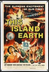 1a0172 THIS ISLAND EARTH linen 1sh 1955 sci-fi classic, wonderful art with mutants by Reynold Brown!