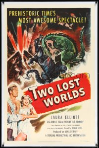 1a0173 TWO LOST WORLDS linen 1sh 1950 prehistoric time's most awesome spectacle, dinosaur art!