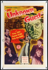 1a0174 UNKNOWN GUEST linen 1sh 1943 Veda Ann Borg, Victor Jory & others at spooky hunting lodge!