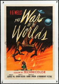 1a0179 WAR OF THE WORLDS linen 1sh 1953 H.G. Wells & George Pal classic, wonderful alien hand art!