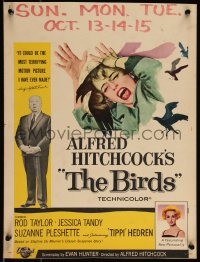 1a0225 BIRDS WC 1963 director Alfred Hitchcock shown, Tippi Hedren, classic intense attack artwork!
