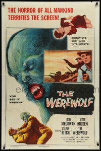 1a1392 WEREWOLF 1sh 1956 two great wolf-man horror images, it happens before your horrified eyes!