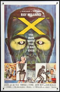 1a0184 X: THE MAN WITH THE X-RAY EYES linen 1sh 1963 Ray Milland strips souls & bodies, cool art!