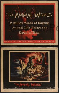 1a0896 ANIMAL WORLD 8 LCs 1956 Irwin Allen, great special fx image & artwork of dinosaurs!