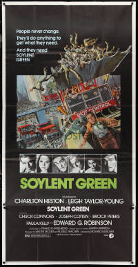 1b0496 SOYLENT GREEN 3sh 1973 art of Charlton Heston trying to escape riot control by John Solie!
