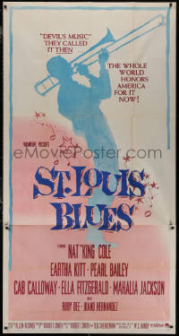 1b0497 ST. LOUIS BLUES 3sh 1958 Nat King Cole, the life & music of W.C. Handy, cool silhouette art!